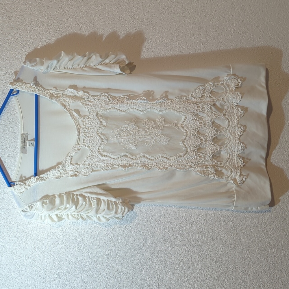 Dressbarn Top Short Sleeve Band Bottom Women Petite Med White Lace